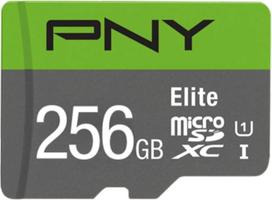 PNY Elite 256GB microSDXC atminties kortelė + SD adapteris, 100MB/s skaitymo greitis, 10 UHS-I klasė, U1, A1 programėlių našumas, V10 "Full HD" vaizdo įrašams