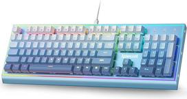 Redragon K654 RGB žaidimų klaviatūra, 104 klavišų laidinė mechaninė klaviatūra su pasvertu aliuminio rėmeliu, atnaujinta "Hot Swap" jungiklių bazė, raudoni jungikliai, mėlynas gradientas