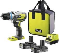 RYOBI 18 V ONE+ bešepetėlinis akumuliatorinis gręžtuvas su šepetėliu R18PDBL-220S (2 greičių pavarų dėžė, maks. Sukimo momentas 60 Nm, "E-Torque" išjungimo funkcija, gręžimo griebtuvas 13 mm, 2 x 2,0 Ah akumuliatorius ir įkroviklis įrankių krepšyje)