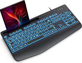 SABLUTE klaviatūra Šviečiantis kabelis USB kompiuterio ergonominės klaviatūros Apšviesta kompiuterio klaviatūra su dideliu spausdintuvu, 7 spalvų apšvietimu, telefono laikikliu, lengvai skaitoma