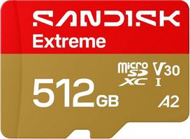 SANDISK Extreme microSDXC 512GB UHS-I kortelė + SD adapteris (iki 245MB/s skaitymo ir 170MB/s įrašymo, 5,3K vaizdo įrašas, C10, V30, U3, A2) Veiksmo kameros, dronai, "Android" įrenginiai