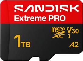 SANDISK Extreme PRO microSDXC 1TB UHS-I kortelė + SD adapteris (iki 250MB/s skaitymo, iki 170MB/s įrašymo, 5K, 3K, 4K UHD, C10, V30, U3, A2)