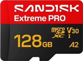 SANDISK Extreme PRO microSDXC 128GB UHS-I kortelė + SD adapteris (iki 250MB/s skaitymo, iki 120MB/s įrašymo, 5K, 3K, 4K UHD, C10, V30, U3, A2)