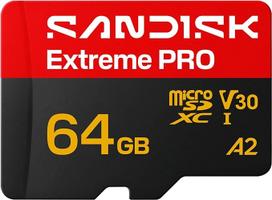 SANDISK Extreme PRO microSDXC 64GB, UHS-I kortelė + SD adapteris (iki 200MB/s skaitymui, iki 90MB/s įrašymui 5K, 3K, 4K UHD, C10, V30, U3, A2)