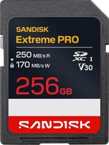 SANDISK Extreme PRO SD UHS-I 256GB kortelė (iki 250MB/s skaitymo greitis ir 170MB/s įrašymo greitis, 4K UHD vaizdo įrašas, U3, V30)