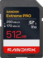 SANDISK Extreme PRO SD UHS-I 512GB kortelė (iki 250MB/s skaitymo greitis ir 170MB/s įrašymo greitis, 4K UHD vaizdo įrašas, U3, V30)