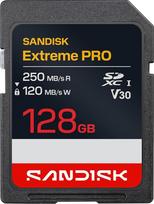 SANDISK Extreme PRO SD UHS-I kortelė 128GB (iki 250MB/s skaitymo greitis ir 120MB/s įrašymo greitis, 4K UHD vaizdo įrašas, U3, V30) Sandisk App