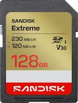 SANDISK Extreme SD UHS-I 128GB kortelė (iki 230MB/s skaitymo greitis ir 120MB/s įrašymo greitis, 4K UHD vaizdo įrašas U3, V30) SANDISK Memory Zone programėlė