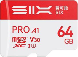 SIX 64GB Micro SD kortelė - U3 V30 A1 100MB/s skaitymo ištvermės MicroSDXC atminties kortelė su adapteriu / kortelių skaitytuvu, skirta 4K UHD įjungtoms "Dash Cams", veiksmo kameroms, dronams 64GB Microsd kortelė
