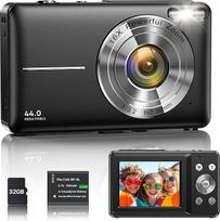 Skaitmeninis fotoaparatas 1080P 44MP Vlogging fotoaparatas vaikams paaugliams FHD kompaktiškas fotoaparatas Foto kamera su 2,4 colio ekranu 16X priartinimas, Anti-Shake Mini fotoaparatas pradedantiesiems Studentai Berniukai Mergaitės Juoda