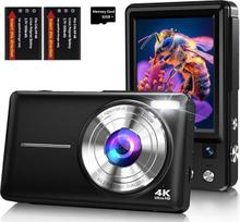 Skaitmeninis fotoaparatas 4K 64MP su automatiniu fokusavimu, dvigubu objektyvu, 2,8 colio ekranu, 16x skaitmeniniu priartinimu, dviem baterijomis, 32GB kortele paaugliams, pradedantiesiems, vaikams