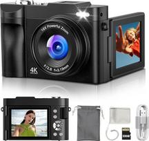 Skaitmeninis fotoaparatas 4K fotoaparatas Fotokamera 50MP: 3 colių 180° apverčiamas ekranas Skaitmeninis fotoaparatas Vlog - Senovinis fotoaparatas vaikams - Automatinio fokusavimo fotoaparatas - Dovanos paaugliams berniukams mergaitėms 8-16 metų Juoda
