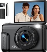 Skaitmeninis fotoaparatas 4K fotokamera 64 MP fotoaparatas: Fotoaparatas su 3 colių sulankstomu ekranu Nešiojamasis akumuliatoriaus kompaktiškas fotoaparatas su 16 kartų skaitmeniniu priartinimu 32GB kortelė vaikams pradedantiesiems studentams Juoda