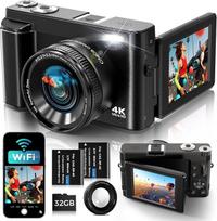 Skaitmeninis fotoaparatas 4K su "WiFi" 64 MP kompaktiškas skaitmeninis fotoaparatas su 3 colių 180° apverčiamu ekranu, 32GB kortele, 2 baterijomis, 16 kartų skaitmeniniu priartinimu, automatiniu fokusavimu, apsauga nuo drebėjimo, idealiai tinka paaugliam