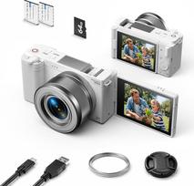 Skaitmeninis fotoaparatas 5K 72 MP kompaktiškas fotoaparatas su 6x optiniu priartinimu, 2,8 colio 180° pasukamu ekranu, automatiniu fokusavimu, apsauga nuo drebėjimo, 64GB atminties kortele ir 2 akumuliatoriais, skirtas filmuoti ir įrašinėti keliones