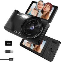 Skaitmeninis fotoaparatas 64MP 4K, Wevoor kompaktiškas fotoaparatas su 3 colių 180° apverčiamu ekranu, 2000 mAh baterija, 32GB kortele, automatiniu fokusavimu ir 18 kartų skaitmeniniu priartinimu, fotokamera, skirta filmuoti asmenukes Kelionės pradedanti