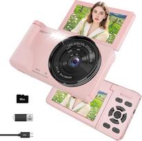 Skaitmeninis fotoaparatas 64MP 4K, Wevoor kompaktiškas fotoaparatas su 3 colių 180° apverčiamu ekranu, 2000 mAh baterija, 32GB kortele, automatiniu fokusavimu ir 18 kartų skaitmeniniu priartinimu, fotokamera, skirta filmuoti asmenukes Kelionės pradedanti