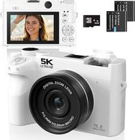 Skaitmeninis fotoaparatas 5K 75MP fotoaparatas su dviguba kamera, Vlogging kamera vaizdo įrašams su WiFi, 3 colių kompaktiškas fotoaparatas pradedantiesiems, 18x skaitmeninis priartinimas, automatinis fokusavimas, su 64GB kortele, 2 baterijomis