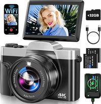 Skaitmeninis fotoaparatas, 4K 64 MP automatinio fokusavimo fotoaparatas su "WiFi", 3 colių 180° sulankstomas ekranas, skaitmeninis fotoaparatas su 32GB kortele, įkrovimo stotelė, 2 baterijos, kompaktiškas fotoaparatas pradedantiesiems, paaugliams, juodas