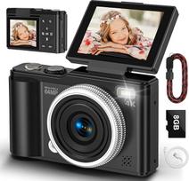 Skaitmeninis fotoaparatas, 4K 64 MP kompaktiškas skaitmeninis fotoaparatas su automatinio fokusavimo ir makro funkcija, 180° atlenkiamu ekranu, nešiojamasis asmenukių fotoaparatas fotografijai ir vaizdo įrašams su 32GB "Micro SD" kortele pradedantiesiems