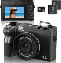 Skaitmeninis fotoaparatas 5K 75MP fotoaparatas su dviguba kamera, Vlogging kamera vaizdo įrašams su WiFi, 3 colių kompaktiškas fotoaparatas pradedantiesiems, 18x skaitmeninis priartinimas, automatinis fokusavimas, su 64GB kortele, 2 baterijomis