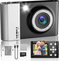 Skaitmeninis fotoaparatas, 4K 64 MP vaizdo kamera su 32GB kortele, 2,4 colio LCD ekranu, 18 kartų skaitmeniniu priartinimu, automatiniu fokusavimu, apsauga nuo drebėjimo, nešiojamasis kompaktiškas fotoaparatas vaikams, paaugliams, pradedantiesiems, juoda