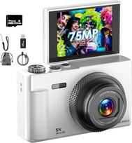 Skaitmeninis fotoaparatas, patobulintas UHD 5K 75MP fotoaparatas su 64GB SD kortele, 18x skaitmeninis priartinimas, 2,83 colių 180° sulankstomas ekranas, "Arosser" akumuliatorius, retro nešiojamasis Vlog fotoaparatas vaikams, studentams, pradedantiesiems