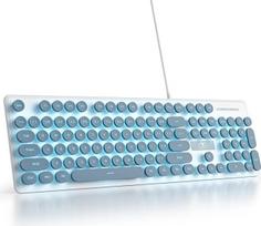 SOLIDEE membraninė klaviatūra, 100 %, retro rašomosios mašinėlės klaviatūra, pilno dydžio, 104 klavišai, laidinė USB su apvaliais ABS klavišų dangteliais, plona laidinė membraninė klaviatūra (amerikietiška QWERTY) (V300 Blue)