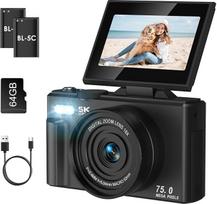 SOPPY 5K skaitmeninis fotoaparatas Foto kamera 75MP Vlogging kamera 3.0 colių 180° apverčiamas ekranas Kompaktiškas fotoaparatas su 64GB atminties kortele, 18x skaitmeninis priartinimas, mini skaitmeninis fotoaparatas berniukams mergaitėms pradedantiesiem