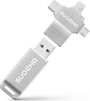 SUDEHO MFi sertifikuota 256GB USB atmintinė "iPhone 4 in 1" su USB 3.0 didelės spartos "Flash" atmintine "iPhone/iPad/Android/PC/Mac, atsarginė atmintinė nuotraukoms, vaizdo įrašams ir muzikai, sidabrinė