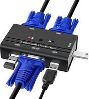 TCNEWCL 2 prievadų KVM perjungiklis VGA su "2-in-1" kabeliu, VGA USB KVM perjungiklis 2 kompiuteriams, 1 monitoriui, su 3 USB 2.0 sąsajomis klaviatūrai, pelei, spausdintuvui, U diskui, palaiko 1080P Full HD