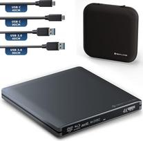 techPulse120 Išorinis USB 3.1 Blu-ray DVD CD USB-C UHD 4k 3D M-DISC BDXL HDR10 128GB diskų įrašymo įrenginys Superdrive BD Imperator Pakuotės krepšys 90 cm jungiamasis kabelis Aliuminis Pilka