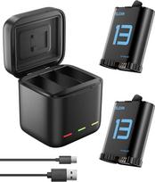 TELESIN 2 baterijų pakuotė su įkrovikliu "GoPro Hero 13 Black", patvarios baterijos kaip originalios baterijos, trijų lizdų USB įkrovimo dėklas su C tipo kabeliu, baterijų dėklas "Go Pro 13 Black" priedams