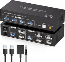 TJCXELE DisplayPort + HDMI KVM jungiklis 2 kompiuteriams 2 monitoriams 4K60Hz USB 3.0 KVM jungiklis dviem kompiuteriams, skirtas dalytis dviem monitoriais ir 4 USB įrenginiais, palaikantis kopijavimo ir išplėtimo režimą su 2 x USB kabeliu