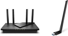 TP-Link Archer AX55 Wi-Fi 6 WLAN maršrutizatorius, juodas, ir Archer T3U Plus AC1300 didelio stiprumo USB WLAN adapteris su didelio stiprumo antenomis (iki 867Mbps 5 GHz dažniu ir 400Mbps 2,4 GHz dažniu)