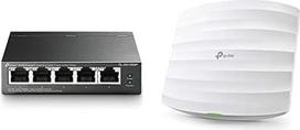 TP-Link EAP225 AC1350 WLAN prieigos taškas ir TP-Link TL-SG1005P 5 prievadų Gigabit PoE komutatorius su 4 PoE+ prievadais