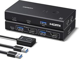 UGREEN HDMI KVM perjungiklis USB adapteris (3 x USB A + USB C) 2 kompiuteriai 1 monitorius 4K @ 60Hz USB skirstytuvas su klaviatūra ir darbalaukio valdikliu, suderinamas su "Windows/Linux/MacOS