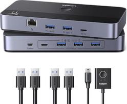 UGREEN USB jungiklis 2 PC su Gigabit Ethernet prievadu RJ45 USB 3.0 jungiklis 2 in 4 Out su nuotolinio valdymo pultu, Plug & Play, USB jungiklis pelei ir klaviatūrai, suderinamas su Windows/Mac/Linux ir kt.