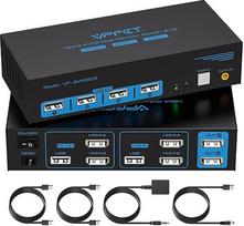 USB 2.0 HDMI KVM jungiklis 2 kompiuteriai 2 monitoriai 4K60Hz KVM jungikliai dviems kompiuteriams dalytis 1 pelės, klaviatūros, U-Disk spausdintuvo rinkiniu, įskaitant 2 USB 2.0 kabelius ir stalinį valdiklį