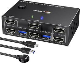 USB 3.0 HDMI KVM jungiklis 2 kompiuteriai 2 monitoriai 4K @ 60Hz 2K @ 144Hz, EDID modeliavimas, MLEEDA 2 kompiuteriai 2 monitorių jungiklis su 4 USB 3.0 prievadais, skirtais klaviatūrai pelei, kabelinis nuotolinio valdymo pultas ir kabelis