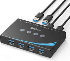 USB 3.0 jungiklis 4 kompiuteriams, besidalijantiems 4 USB periferiniais įrenginiais Kompiuterio nešiojamojo kompiuterio pelės klaviatūros skaitytuvo spausdintuvo jungiklis su vienu mygtuku ir 3,5 mm garso išvestimi