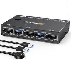 USB 3.0 KVM jungiklis "Displayport" 2 prievadai 4K @ 144Hz, ESKEVE KVM jungiklis 2 kompiuteriai 1 monitorius 8K @ 30Hz 2 kompiuterių dalims 1 monitoriui ir 4 USB 3.0 įrenginiams su USB kabeliu ir staliniu valdikliu