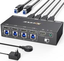 USB 3.0 KVM jungiklis HDMI 4 prievadai 4K @ 144Hz, camgeet KVM jungiklis 4 kompiuteriai 1 monitorius HDMI 2.1, EDID modeliavimas, skirtas 4 kompiuteriams, 1 monitoriui ir 4 USB 3.0 įrenginiams, su laidiniu nuotolinio valdymo pultu, maitinimo adapteriu ir