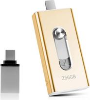 USB atmintinė 256GB telefonui, "4-in-1" atmintinė iPhone/iPad/Android/PC, USB 3.0 atmintinė, didelės spartos atmintinė, greitas nuotraukų perkėlimas, atsarginė nuotraukų vaizdo įrašų kopija, auksinė