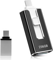 USB atmintinė 256GB telefonui, "4-in-1" atmintinė iPhone/iPad/Android/PC, USB 3.0 atmintinė, didelės spartos atmintinė, greitas nuotraukų perkėlimas, atsarginė nuotraukų vaizdo įrašų kopija, juoda