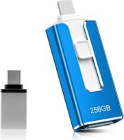 USB atmintinė 256GB telefonui, "4-in-1" atmintinė iPhone/iPad/Android/PC, USB 3.0 atmintinė, didelės spartos atmintinė, greitas nuotraukų perkėlimas, atsarginė nuotraukų vaizdo įrašų kopija, mėlyna
