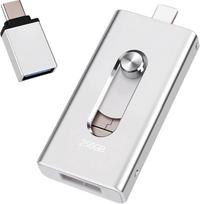 USB atmintinė iPhone 256GB, [MFi Certified] 4-in-1 atmintinė iPhone nuotraukoms, vaizdo įrašams, perkėlimui ir atsarginiam kopijavimui, 【be programėlės】 iPhone išorinei saugyklai, suderinama su iOS/Android/PC/Mac, sidabrinė