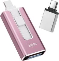 USB atmintinė iPhone 256GB, [MFi Certified] 4-in-1 USB atmintinė Lightning Stick iPhone, suderinama su iOS/Android/PC, USB 3.0 【Be programėlės】, skirta atsarginėms nuotraukų ir vaizdo įrašų kopijoms kurti, rožinė