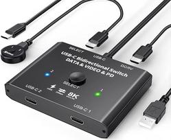 USB C jungiklis 2 kompiuteriams 8K @ 60Hz 4K @ 120Hz, dvikryptis USB C jungiklis 2 kompiuteriams, 2-in-1 išėjimas/1-įėjimas 2 išėjimai, 10Gbps duomenų perdavimas, 100W įkrovimas, C tipo KVM jungiklis su laidiniu nuotolinio valdymo pultu ir 2 USBC kabeliai