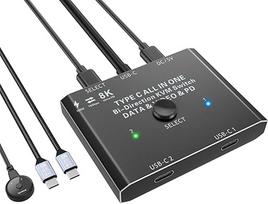 USB C jungiklis, dvikryptis C tipo perjungiklis 2 kompiuteriams, 2-in-1 out arba 1-in-2 out USB jungiklis 8K@60Hz 4K@120Hz vaizdo įrašas/10Gbps duomenų perdavimas/100W įkrovimas, su laidiniu nuotolinio valdymo pultu ir C tipo kabeliu